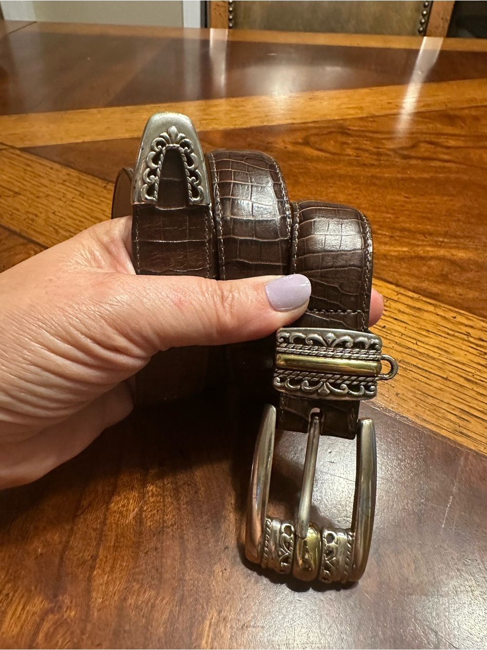 Brighton Brown Croc-Embossed Leather Belt with Decorative Silver-Gold Buckle - Picture 1 of 7